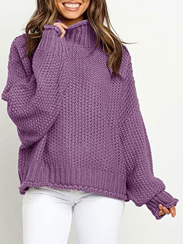 Zesica Women's 2023 Turtleneck Batwing Sleeve Loose Oversized Chunky Knitted Pullover Sweater Jumper Tops,Purple,Medium #TOP1