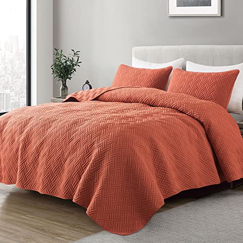 Burnt Orange Quilts Queen Size Bedding Sets With Pillow Shams, Red Lightweight Soft Bedspread Coverlet, Quilted Blanket Thin Comforter Bed Cover, All Season Summer Spring, 3 Pieces, 90X90 Inches #TOP30
