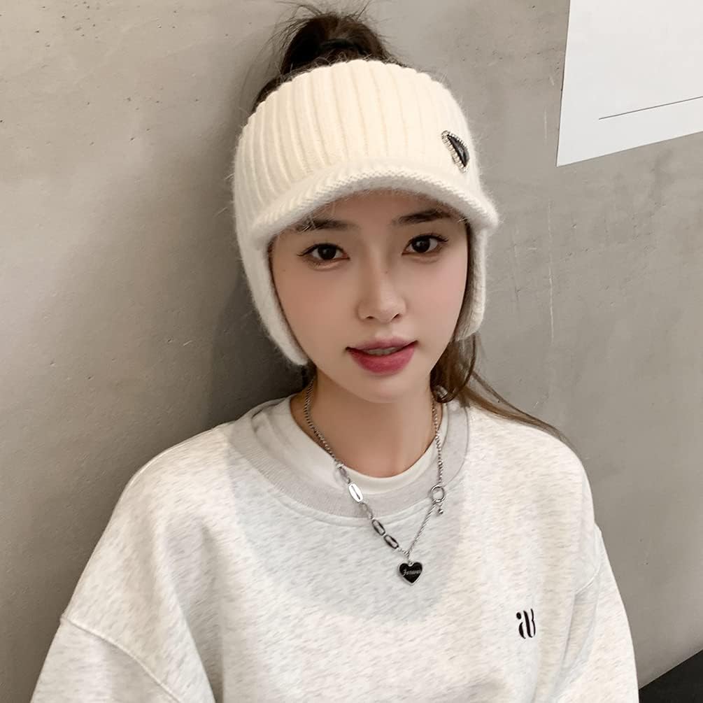 Open Beanie with Earflaps Visor Brim Bun Ponytail Winter Golf Tennis Hats Women - Image 3