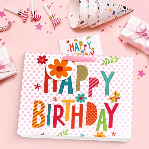 Image of JMANNI Large Happy Birthday Gift Bag with Tissue Papers and Greeting Card,Portable Paper Gift Bags with Handles, Present Bags for Women Girls Birthday Party Supplies 13 inch x 10.2 inch x4.7 inch(Pink Floral)