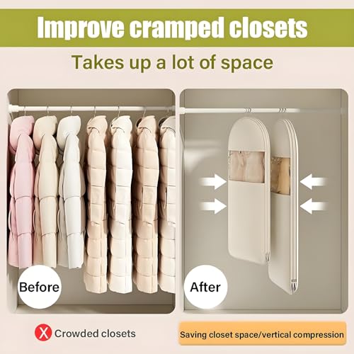 Space Saving Hanging Garment Bag with Self Compression Zipper, 2025 New Space Saving Hanging Protector, Space Saver Closet Organizers,Dust Cover Clothes Bags for Down Coat(Beige,X-Large)3