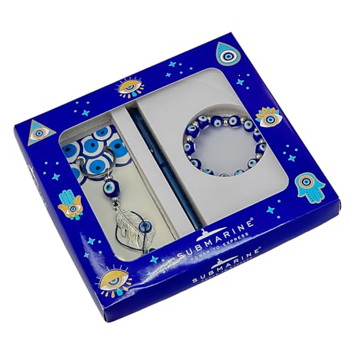 Image of Submarine 1572 Evil Eye Gift Premium Combo Set - Ball Pen with Blue Finish, Evil Eye Bracelet, and Keychain - Stylish and Elegant Gift Set