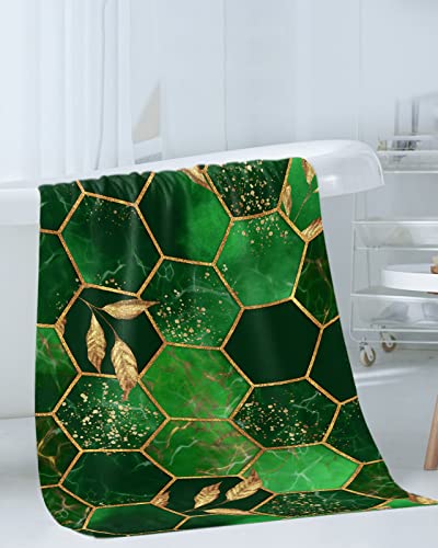 Geometry Marble Bath Towels Set 3 Pack, Hexagon Cubes Green Gloden Leaves Abstract Soft Plush Microfiber Large Bathroom Towel Hand Towel Washcloths Modern Marbe Crack Shower Towel For Home Gym Travel #TOP2