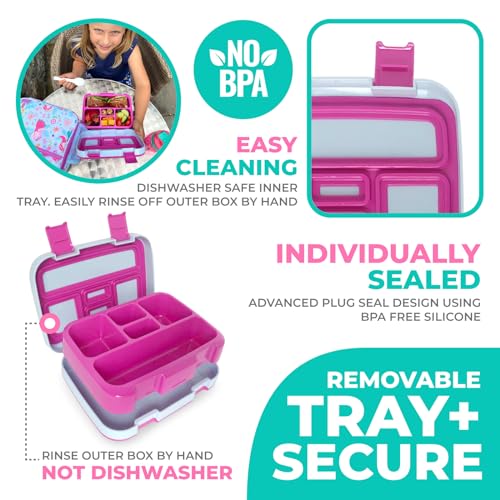 Image of Bento Box with Insulated Lunch Bag Ice Pack Water Bottle for Kids - 5 Compartments, Removable Tray, Meal or Snack Container Girls Toddlers Daycare Pre School, Kindergarten, Pink Purple Fairy Princess