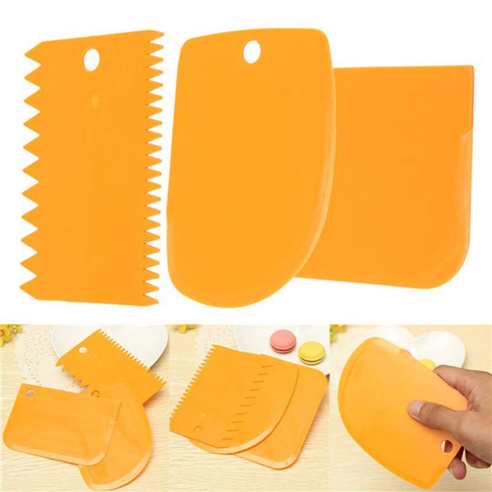3 Pieces Dough Scraper Bowl Scraper Cake Scraper Plastic Dough Cutter Jagged Edges Scraper Curved Edge Scraper Flat Edge Scraper Multipurpose Food Scrappers for Bread Dough Cake Fondant Icing, Orange