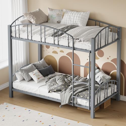 Bunk Bed Twin Over Twin with Stairs and Arched Guardrail, Sturdy Metal Slats Support, Space Saving, Noise Free, No Box Spring Needed, Ideal for Kid Room and Dorm, Matte Gray
