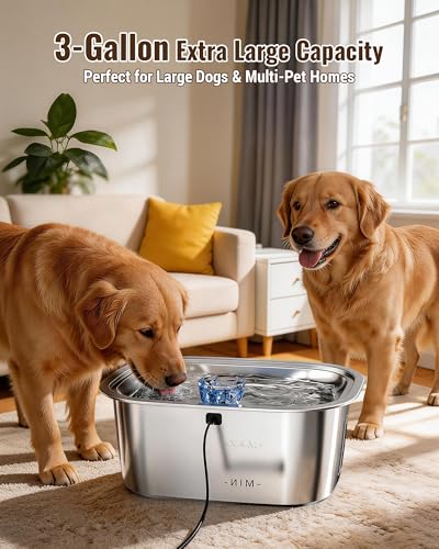 Image of PETNF 3-Gallon Stainless Steel Dog Water Fountain for Large Dogs, Dog Water Bowl Dispenser with 4 Filters, Visible Water Window, Quiet Pump & LED Low-Water Indicator