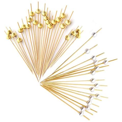 YAVO-EU 200 Cocktail Stick Fruit Sticks Bamboo Wooden Toothpicks, for Party Tapas Nibbles Sandwich Canapes Appetiser Fruit Skewer BBQ (Golden, white pearl) Cover