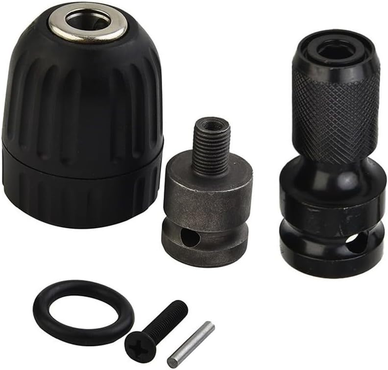 Electric Wrench Conversion Head with 0.8-10mm Keyless Drill Chuck and 3/8 Unf Female Thread Mount Including 1/2 Square to 1/4 Hex Female Socket Adapter