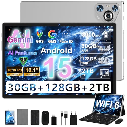 Dghrti 2026 Tablet 10 Zoll Android 15 mit 30 GB RAM+128GB ROM(TF 2TB), 8000mAh,5G WLAN, Octa-Core, Widevine L1, Kindersicherung, BT 5.0, GPS, Tablet mit Tastatur, Grau
