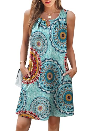 Image of RUMIA Swimsuit Coverup for Women Summer Sleeveless Beach Dress | Crew Neck, Pockets, Eyelet, Boho, Above knee Length, A-Line. Everyday wear, Sundresses, Cruise Wear, Vacation essential