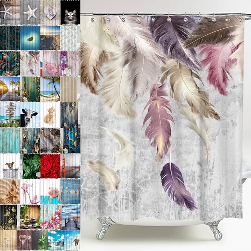 Sanilo Duschvorhang, viele schöne Duschvorhänge zur Auswahl, hochwertige Qualität, inkl. 12 Ringe, wasserdicht, Anti-Schimmel-Effekt (Federn)