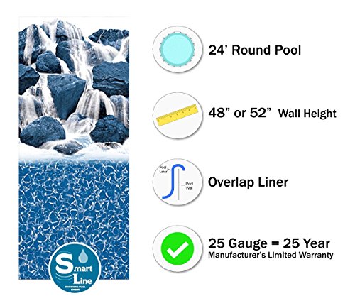 Smartline Waterfall 24 Foot Round Liner | Overlap Style | 48-To-52-Inch Wall Height | 25 Gauge Virgin Vinyl | Designed For Steel Sided Above-Ground Swimming Pools #TOP2