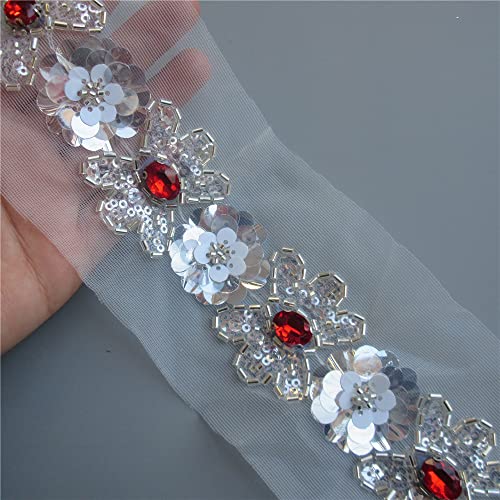 50Cm/Lot Red Rhinestones Diamond Sequins Lace Edge Trimming Beaded Flower Ribbon 50Mm Width Handmade Fabric For Bridal Wedding Dress Sewing Craft Accessories Decoration #TOP1