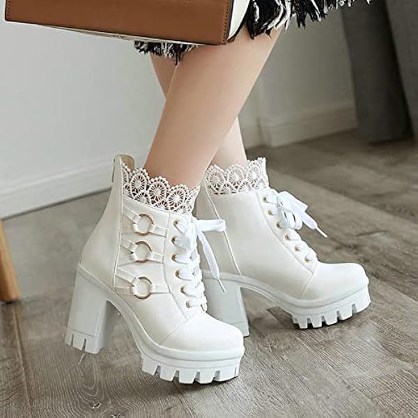 Damesplatform Ankle Boots Lace Up Block Heel Combat Boots Round Toe herfst winter lolita cosplay laarsjes,Wit,34 EU