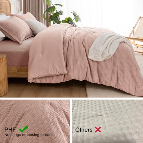 Image of PHF Soft Waffle Comforter Set Queen Size- Comfy Breathable Waffle Weave Comforter with 2 Pillow Shams, 3 Pieces Less Snagging Lightweight Textured Bedding Set for All Season, Rose Pink