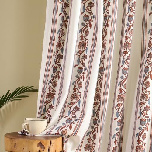 Image of Peepul Tree Handprinted Sheer Cotton Door Curtains in Striped Offwhite, Navy & Maroon | 7 Feet | Pack of 2 | Mulmul /Voile Fabric | Back Loop Curtains | 30-40% Light Filtering | Breathable Drapes