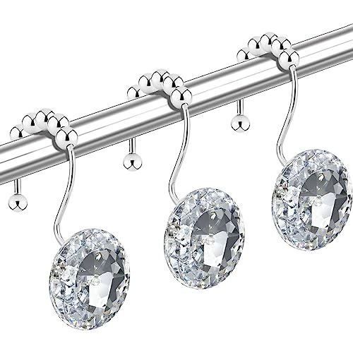 Yuiviot Crystal Diamond Shower Curtain Hooks Rings for Bathroom?12Pack?, Silver Rust Proof Stainless Steel Hooks, Decorative Gem Hanger, Bling Rhinestone, Glittery, Clear, Cute, Fancy Accessories