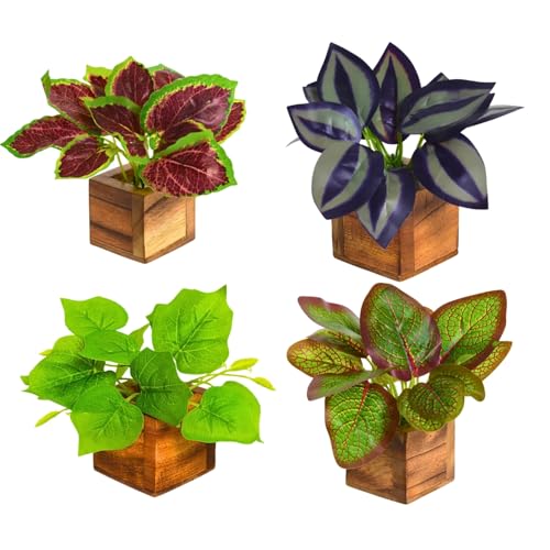 Image of DecoreBugs Artificial Leaves Potted Plants in Wooden Pot (4 Pack) Money Plant | Small Plants for Home Decor | Office Decor