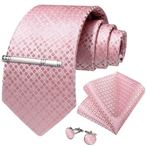 Image of DiBanGu Mens Silk Plaid Tie and Pocket Square Set | Elegant Silk Formal Tie Set, Woven Check Necktie and Cufflinks Tie Clip Set, Perfect for Wedding Party, Comes in Gift Box