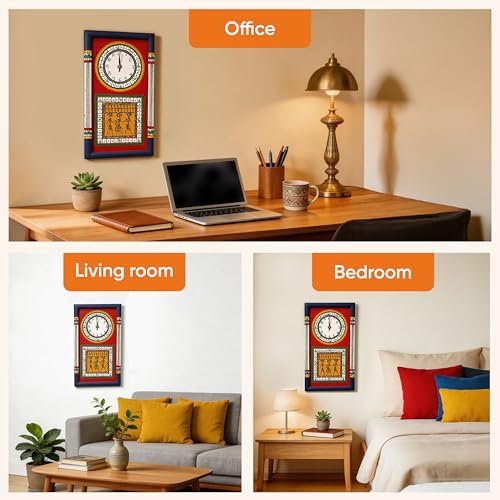 Image of AAKRITI ART CREATIONS Wall Clock Handcrafted Warli Art Red Dial with Glass Frame Blue, Red | Wall Clock for Home, Home Decoration | Lightweight Wooden wall Decor | Matte Finish