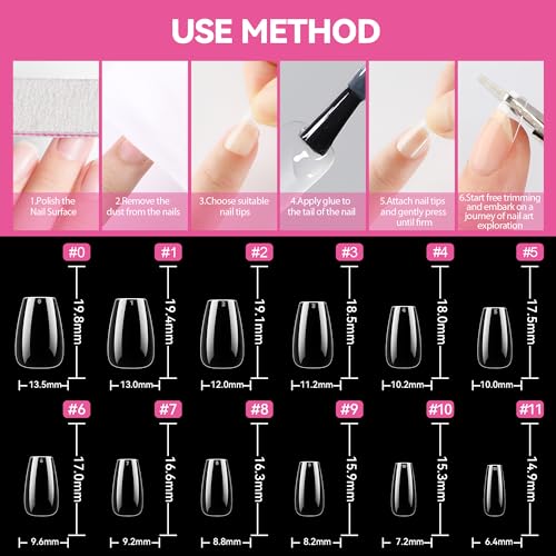 Image of UNA GELLA Short Coffin Nail Tips 216pcs Short Coffin Gel Nail Tips 12 Sizes Full Cover Soft Gel Clear Fake Nails Extension for Home DIY Salon