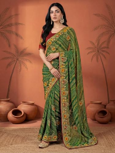 Image of SIRIL Women's Bandhani Printed Embroidery Georgette Saree with Unstitched Blouse Piece