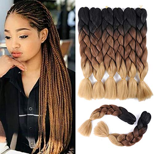 Jumbo Braiding Hair Extensions 24 Inch 6 Packs Ombre Synthetic Hair Crochet Braids Kanekalon Long Jumbo Braids For Box Braid Twist Crochet Hair (Black/Dark Brown/Light Brown)