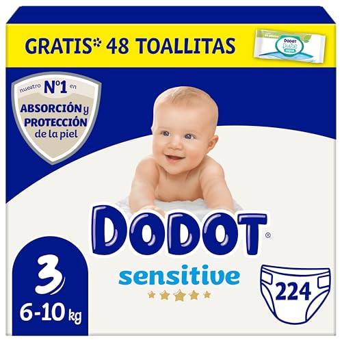Dodot Pannolini per neonati sensibili taglia 3 (6-10 kg), 224 pannoli+40 salviette (4 x 10) in omaggio acqua senza plastica, protezione ottimale della pelle Dodot , Pacchetto mensile