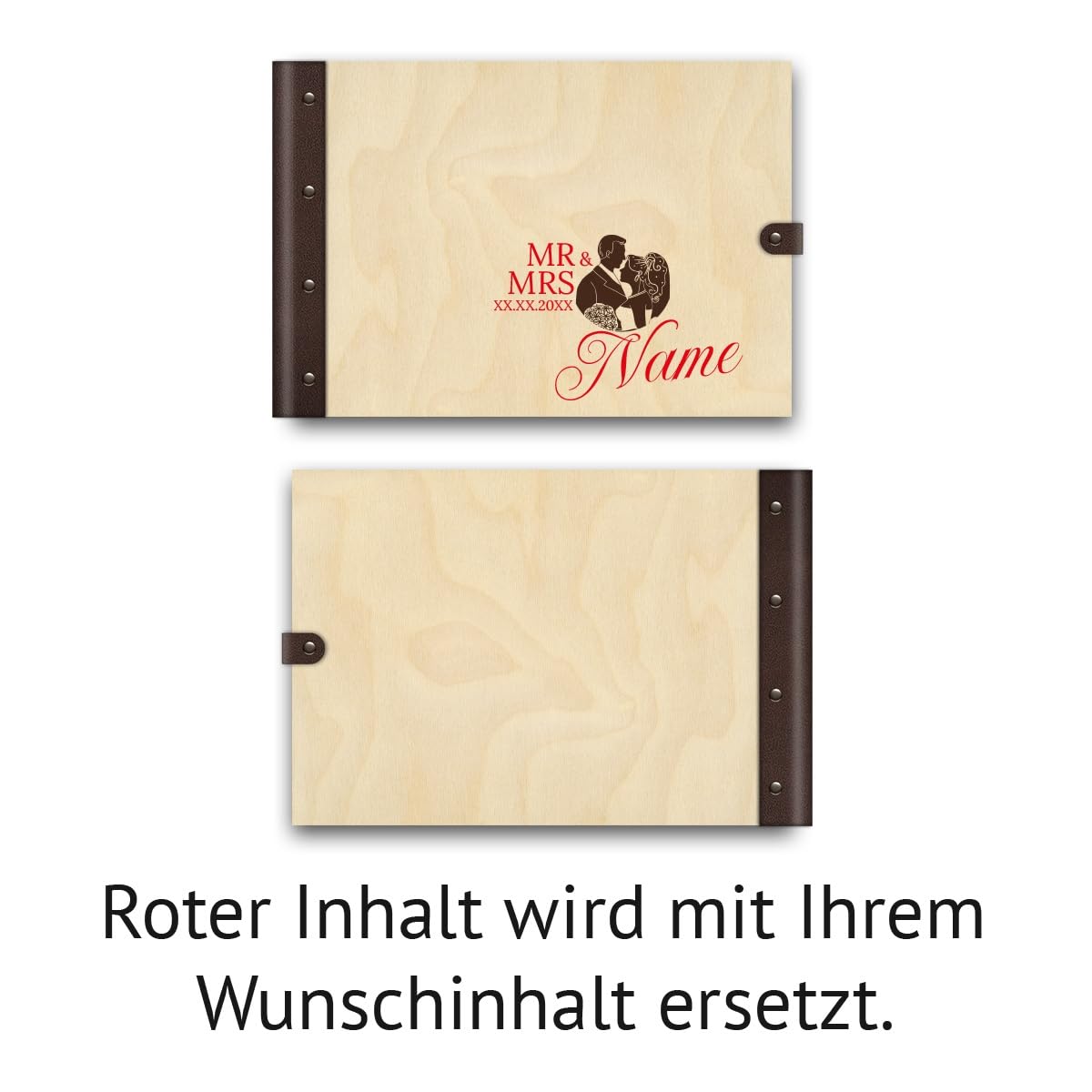 Personalisiertes Hochzeit Gästebuch echtes Holz DIN A4 Hochzeitsbuch mit Lasergravur - Mr und Mrs - mit 72 Blatt / 144 Seiten Naturpapier Weiß