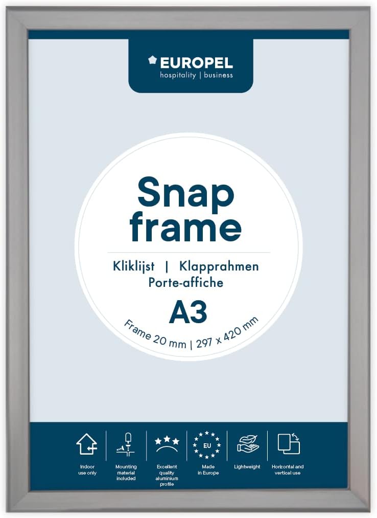 EUROPEL Snap Frame A3, 20 mm Aluminium Anodised Construction and Anti-Glare Cover Clip Poster Holders for Retail and Advertising Displays Notice Sign Board Frame for Walls