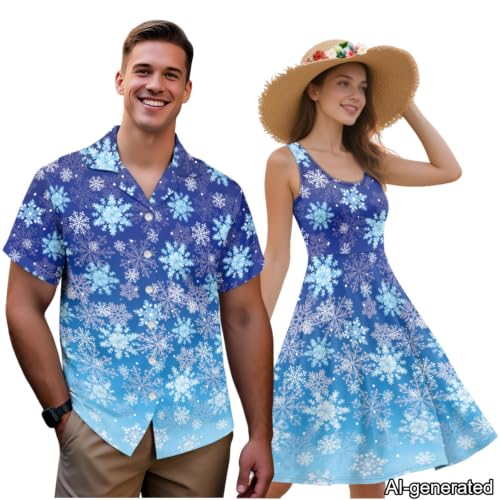 Image of Dreaweet Summer Dresses for Women A-Line Sleeveless Flowy Sun Dresses,Men's Casual Button-Down Shirts,Couple Matching Outfits