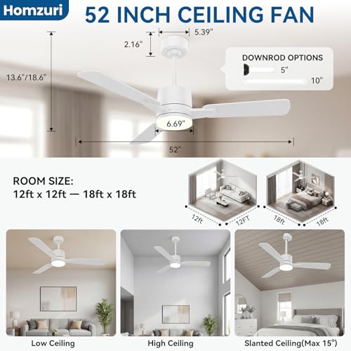 52" Ceiling Fan with Light and Remote, 6 Speed, Reversible Quiet DC Motor, 3CCT & Dimmable, Fast Install, Dual Finish 3 Blades Downrod Ceiling Fan with Lights for Bedroom, Living Room, Apartment