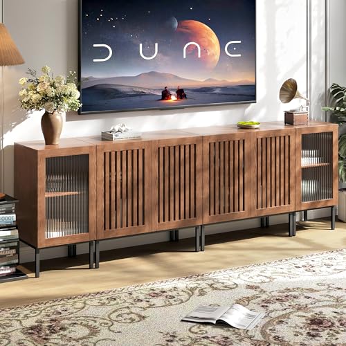 BVIUNTWO Farmhouse TV Stand for TVs up to 100 Inch, Entertainment Center TV Console with Storage Cabinets and Glass Doors,Media Console for Living Room,Brown
