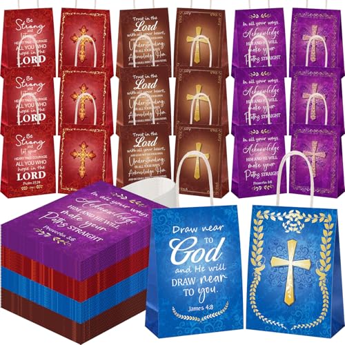 Sinload 100 Pcs Christian Religious Gift Bags Bulk Church Welcome Bags, Paper Cross Bible Verse Scripture Bag with Handle for Women Men Church Member Birthday Baptism First Communion Party Favors