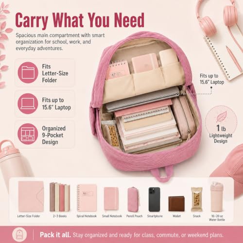 Image of BTOOP School Backpack for Teens Large Corduroy Bookbag Lightweight 15.6 inch Laptop Bag for Girls Women Casual High School College