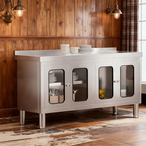 Image of 59 inch Stainless Steel Table Cabinet Heavy Duty Prep Table with 304 Stainless Steel Worktop and 4 Glass Doors Commercial Worktable Workbench with Storage Cabinet for Kitchen Garage Restaurant Outdoor