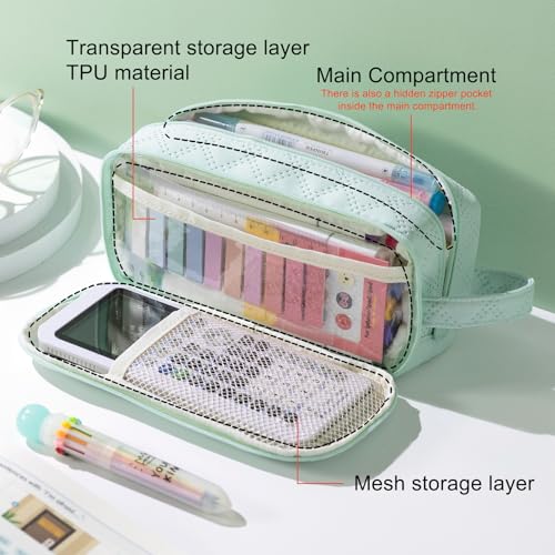 Image of EASTHILL Large Capacity Pencil Case Cute Pencil Pouch with Handle Stationery Pen Bag for Teen Girls-Green