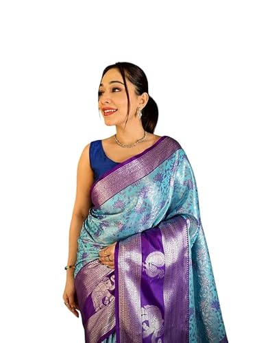 Traditional Hub Kanjivaram Silk Saree With Unstiched Blouse Piece Designer Sarees for Women Party (Sky Blue&Pi
