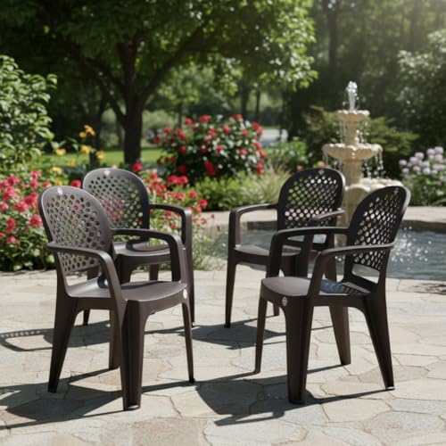 Image of Cello Crystal Armrest Plastic Chair with Matt Finish | Chairs for Living Room, Garden, Home Indoor and Outdoor Use (Colour: Brown, Set of 4)