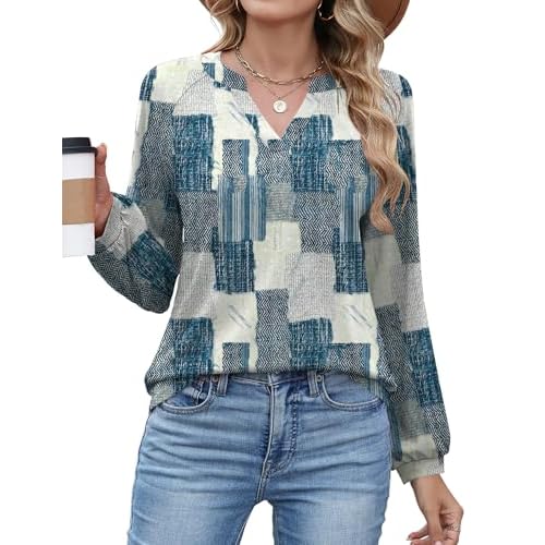 AKEWEI Women's Blouses V Neck Dressy Casual Lantern Long Sleeve Tops Business Work Raglan Shirts Fashion Blue and White Plaid X-Large