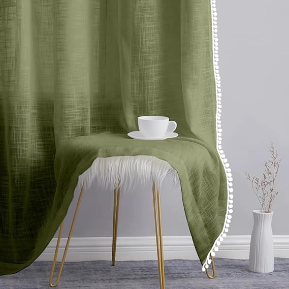 Image of THE LINEN COMPANY Cotton Linen Solid Curtain Set with Eyelet Rings (Avocado Green, Window - 6.5 Feet)