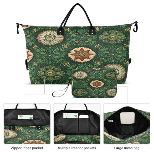 Weekender Bags Travel Duffel Gym Bag Cute Bear Seamless Pattern Carry on Overnight Tote Bag with Toiletry Bag for Airplane Travel Trip Gym Yoga (Retro Style Green Elements Pattern)2