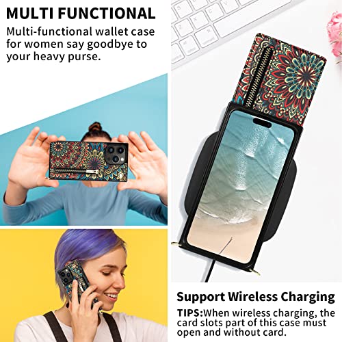 Hoggu Crossbody Iphone 14 Pro Max Case Wallet With Card Holder, Floral Leather Iphone 14 Pro Max Crossbody Case With Strap, Stand, Zipper Purse, Protective Square Phone Case For Women Girls-Mandala #TOP5