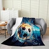 Loussiesd Manta de felpa de fútbol individual de 50 x 60 pulgadas, edredón de fútbol azul con estampado de llama de fútbol para niños, niñas, adolescentes, temática deportiva