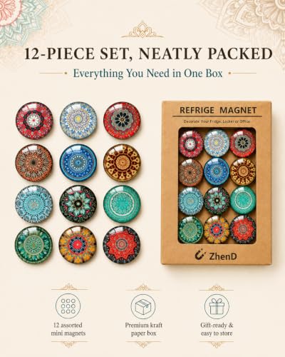 12 imanes decorativos redondos de mandala para refrigerador miniatura 5