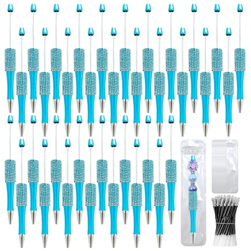 Image of 150 Pcs DIY Diamond Beadable Pen Kit - 50 Plastic Rhinestone Beaded Pens Bulk with Refills & Bags - Fancy Cute Glitter Pens for Crafting, Students & Teachers - School Supplies (Blue)