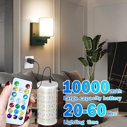 Image of Battery Operated Wall Sconce Set Of 2, 10000mAh Wireless Rechargeable Wall Sconce With Remote Control, RGB Dimmable Bathroom Light Fixtures With Double Clear Glass Shade For Mirror Bedroom Living Room