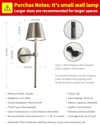 Image of KDG Cordless Wall Sconces Set of 2, Wireless 5200mAh Rechargeable Battery LED Wall Lamps, Wall Lightings for Wall Painting, Outdoor, Garden, Bedside, Hallway, Gifts, Night Light (Brushed Nickel)