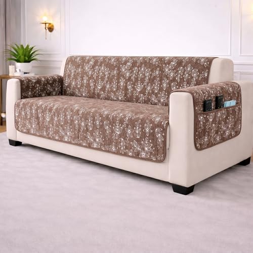 Image of STITCHNEST 'Opulence Series' Floral Woven Sofa Cover for 3 Seater | Premium Soft Fabric Sofa Protector | Beige Floral Pattern with Armrest Pockets | Durable Living Room Furniture Cover